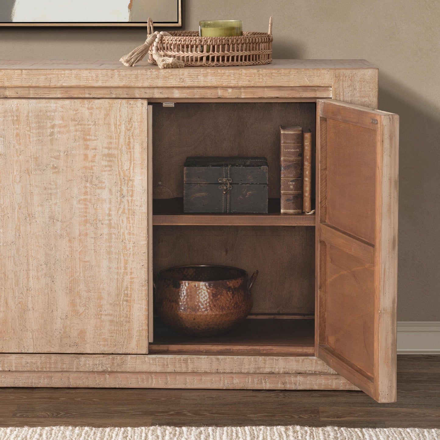 Antique Beige Reclaimed Pine Buffets & Cabinet Wolden Four-Door Buffet Collection