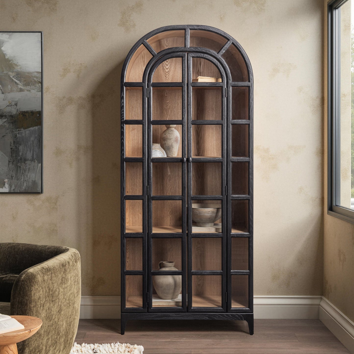 Loft Black Elm Wood Display Cabinet Waverly Bookcase Collection