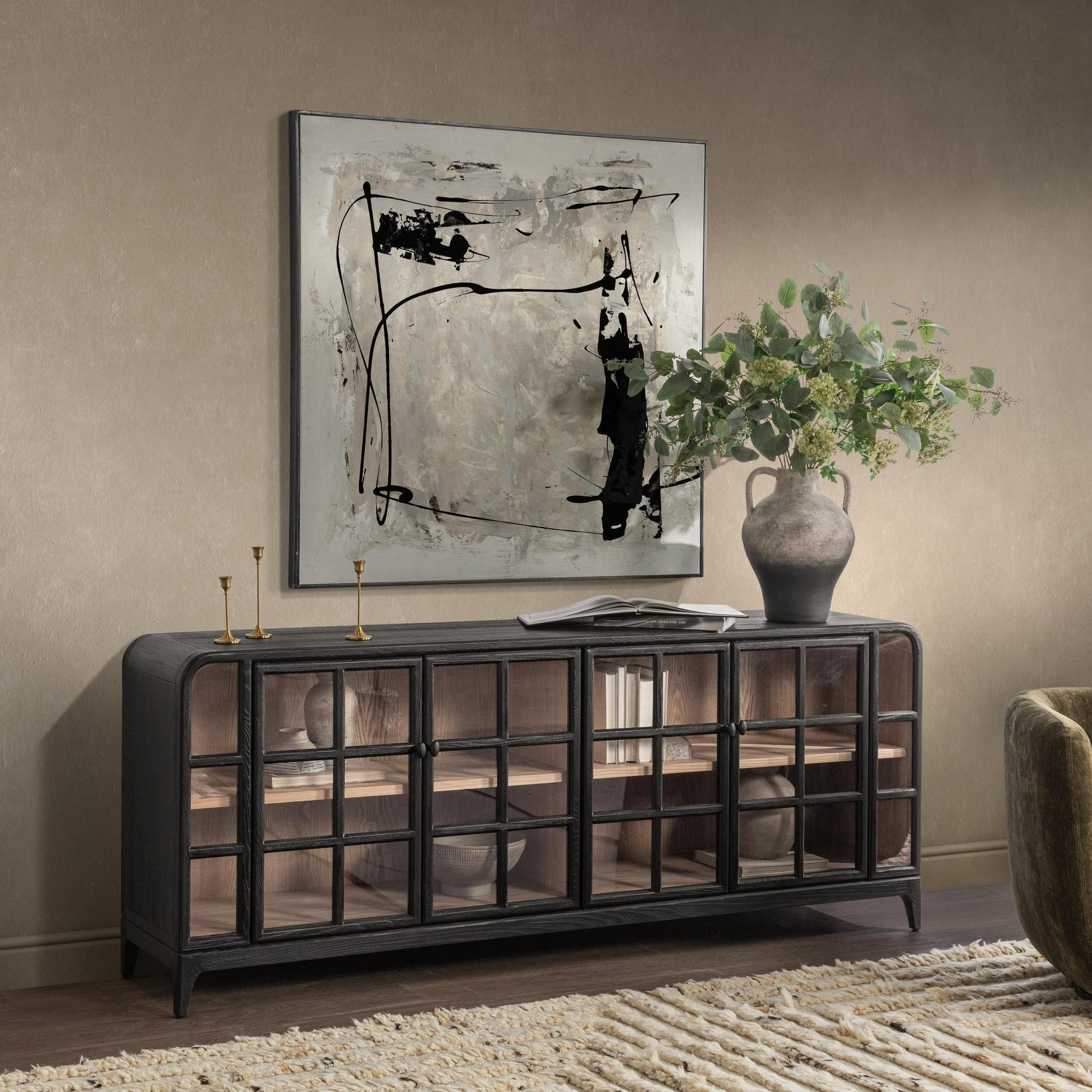 Satin Black Elm Wood Buffets & Cabinet Waverly Cabinet Collection
