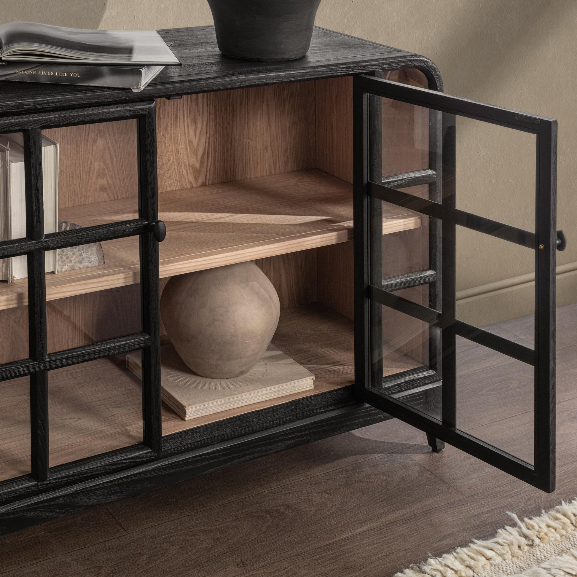 Satin Black Elm Wood Buffets & Cabinet Waverly Cabinet Collection