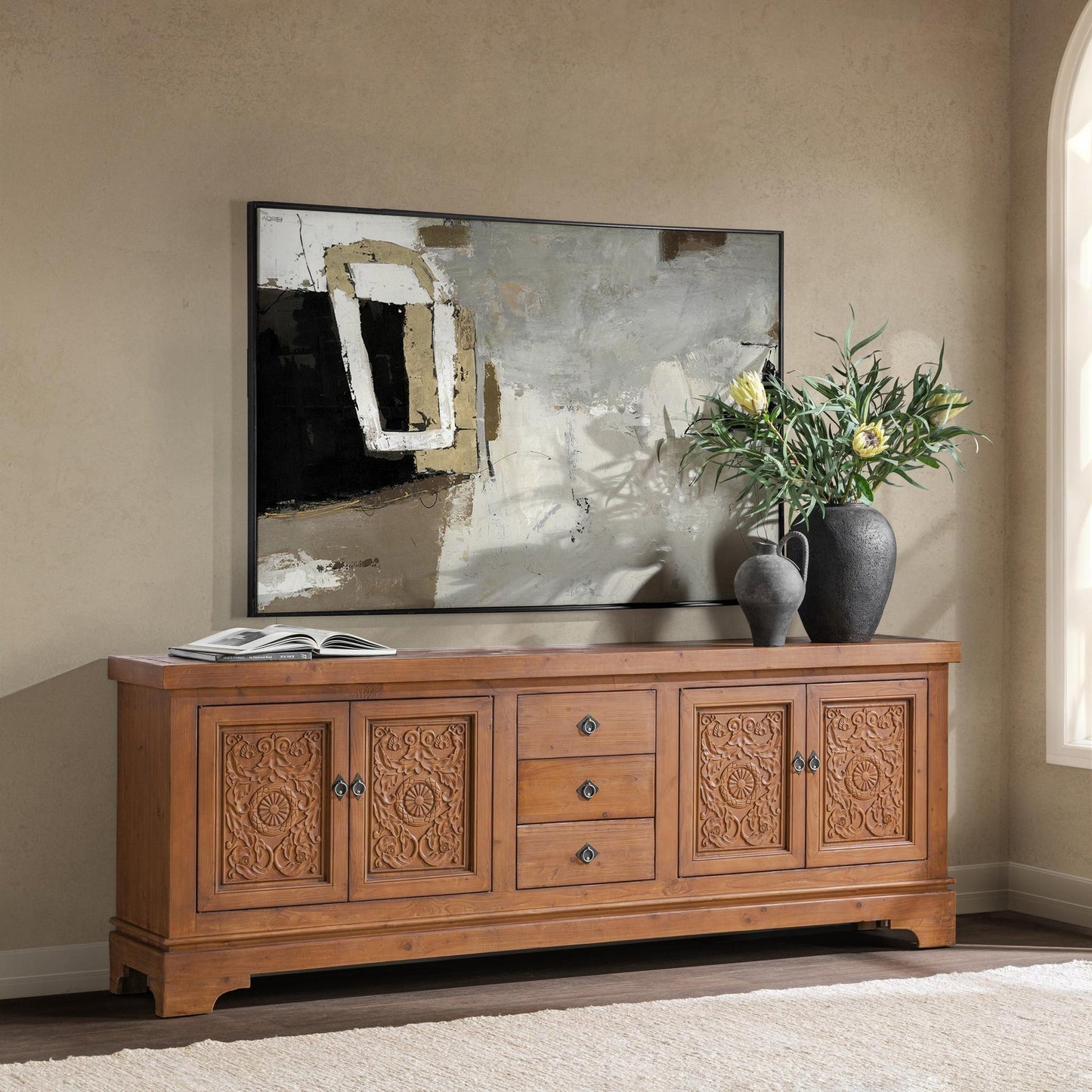 Brown Reclaimed Pine Buffets & Cabinet Amita Three-Drawer Four-Door Cabinet Collection