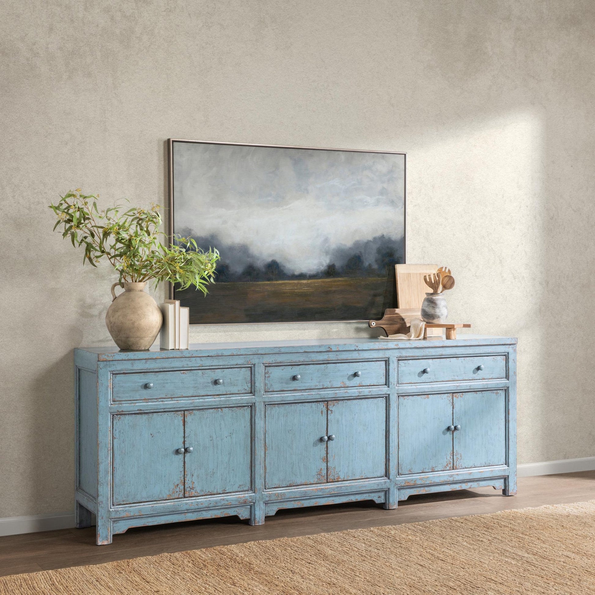 Harbor Blue Reclaimed Pine Buffets & Cabinet Winford Three-Drawer Six-Door Cabinet Collection