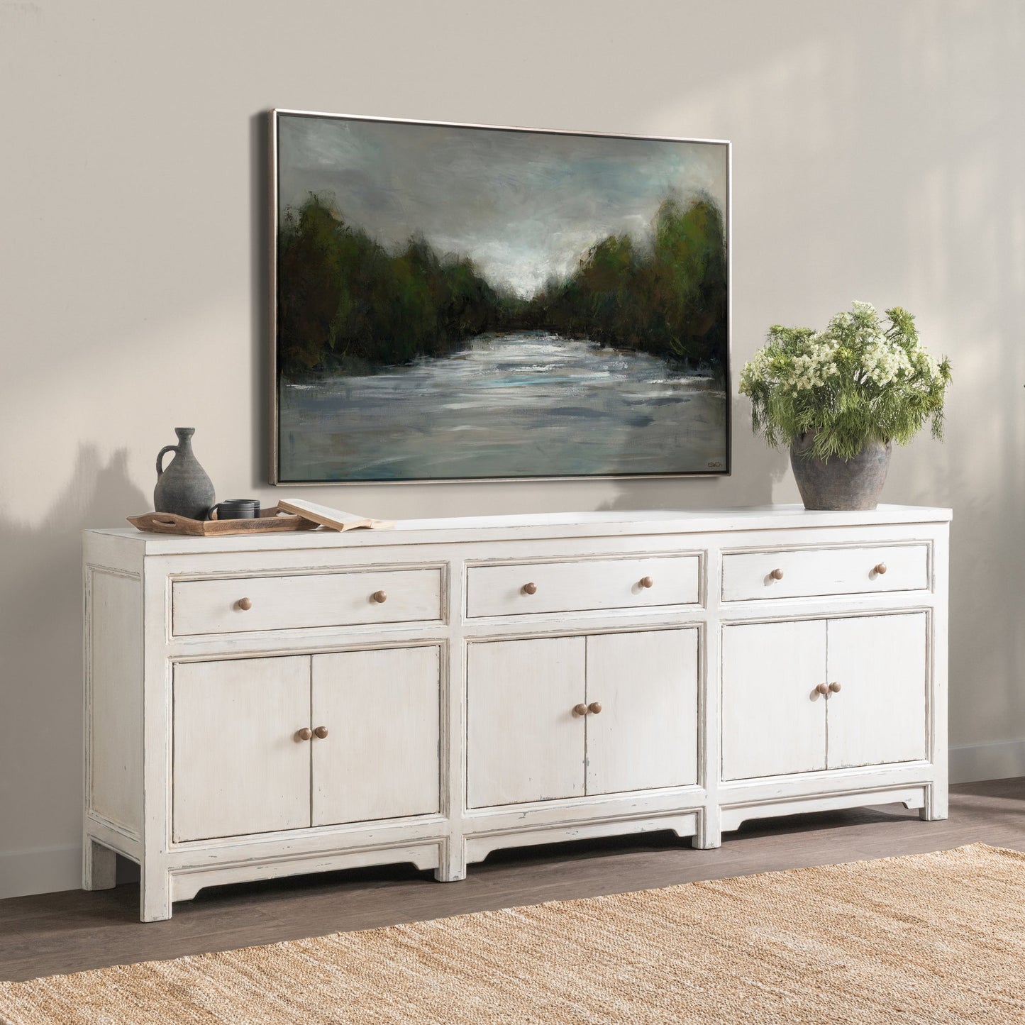 Coastal Cream Reclaimed Pine Buffets & Cabinet Winford Three-Drawer Six-Door Cabinet Collection