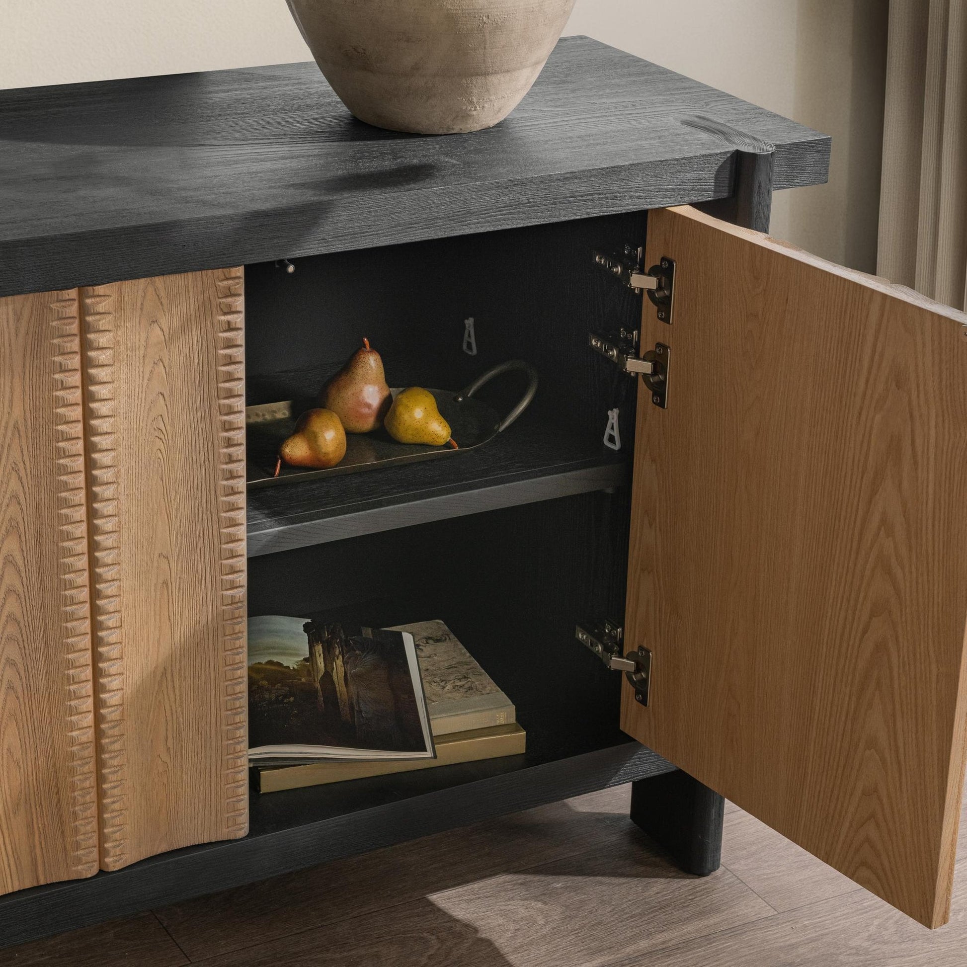 Shoreline Noir Elm Wood Buffets & Cabinet Ellison Four-Door Cabinet Collection
