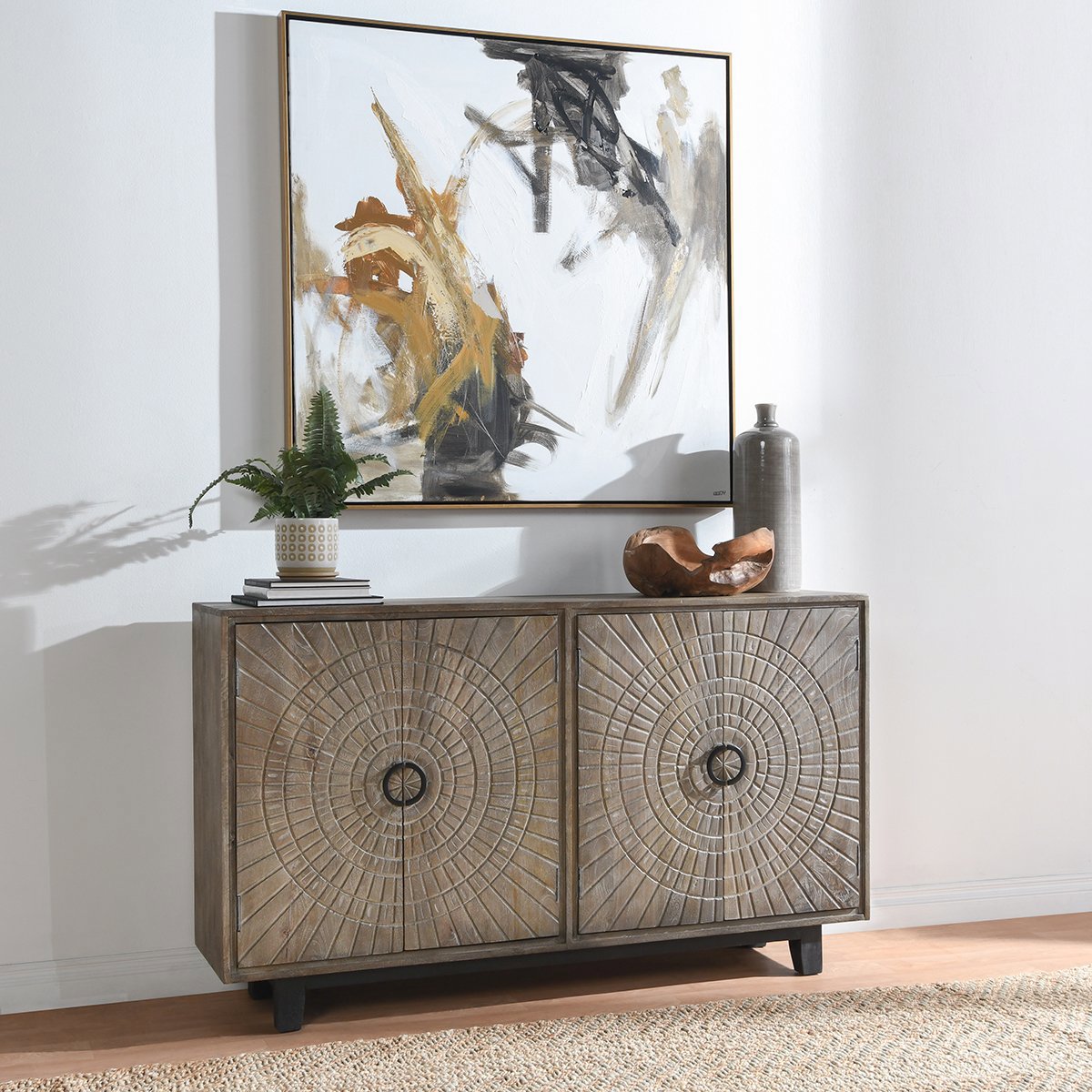 Distressed Taupe Mango Wood Buffets & Cabinet Vivienne Four-Door Cabinet Collection