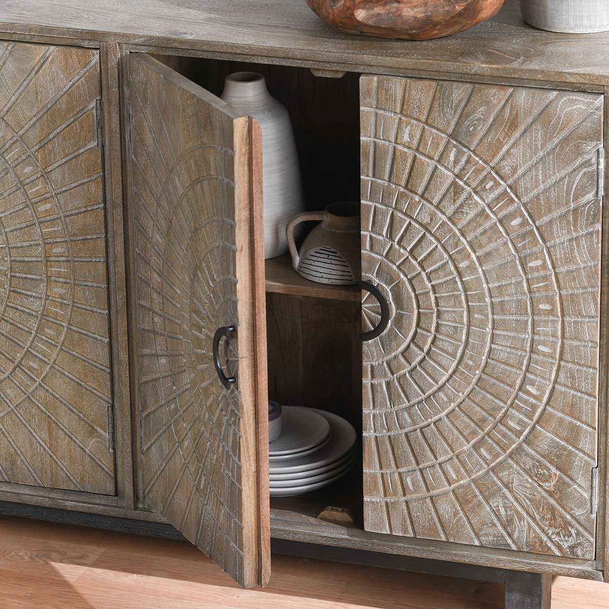 Distressed Taupe Mango Wood Buffets & Cabinet Vivienne Four-Door Cabinet Collection