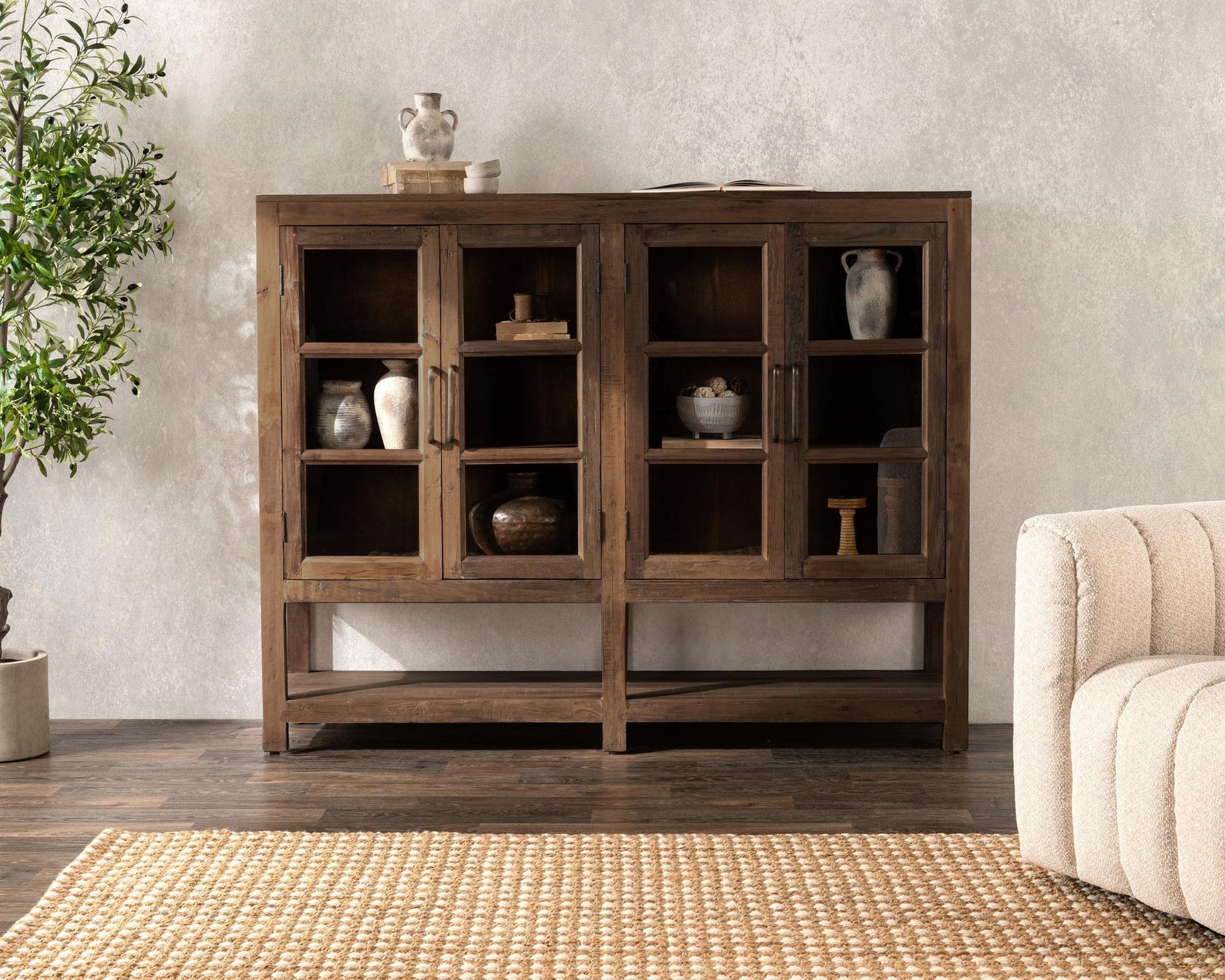Natural Reclaimed Wood Display Cabinet Kharga Four-Door Display Cabinet Collection