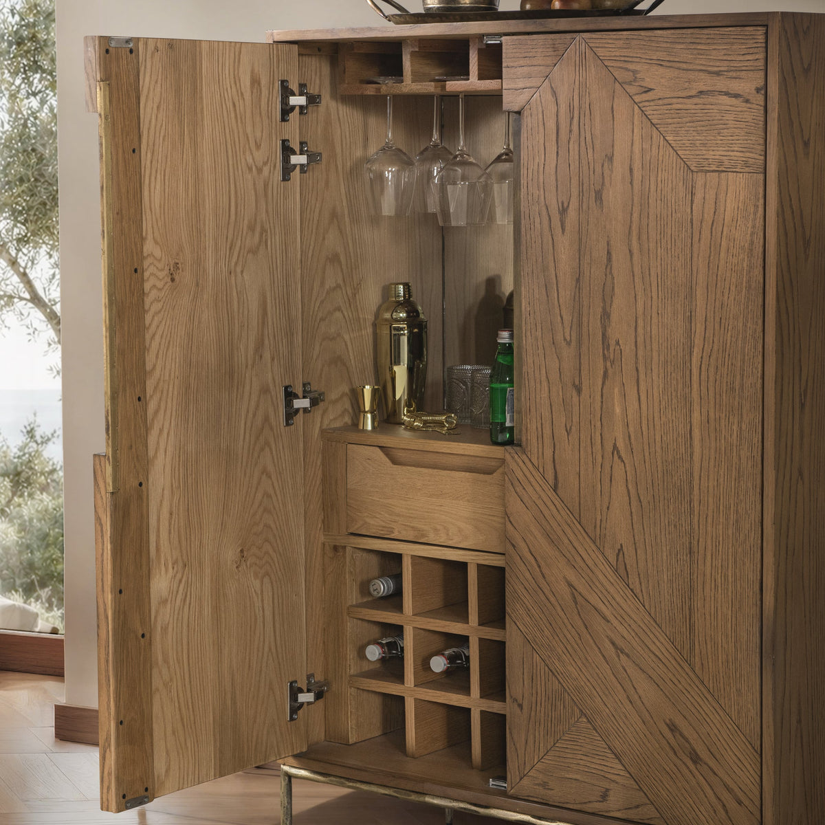 Refined Oak Veneer, Oak Wood, Iron Cabinet