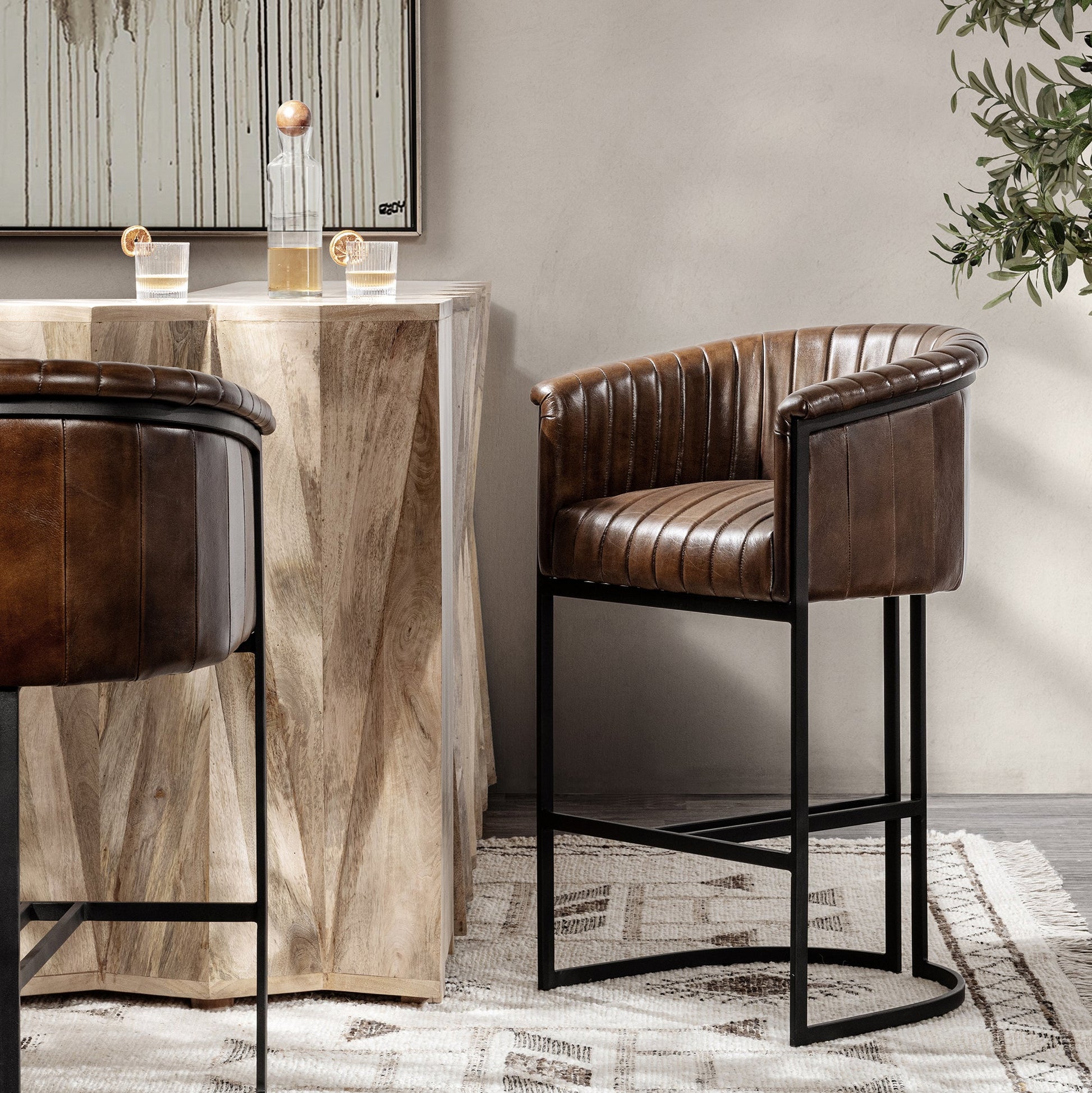 Rustic Brown Top Grain Leather Bar & Counter Stool Seville Leather Bar Stool Collection