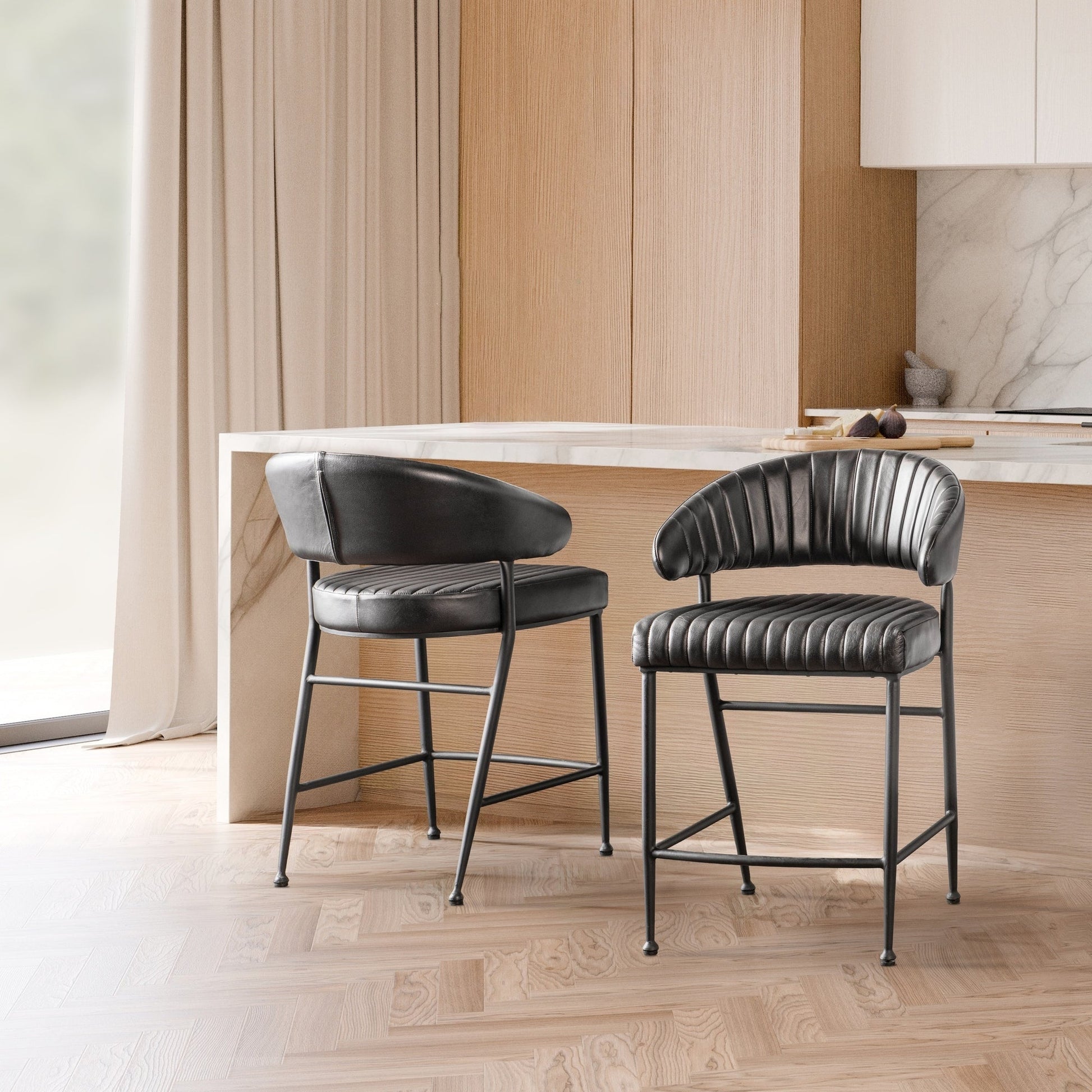 Jet Black Top Grain Leather Bar & Counter Stool Umbria Counter Stool Collection