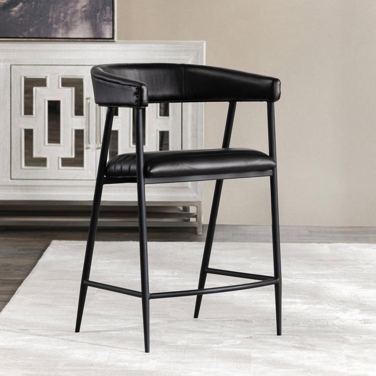 Jet Black Top Grain Leather Bar & Counter Stool Preston Counter Stool Collection