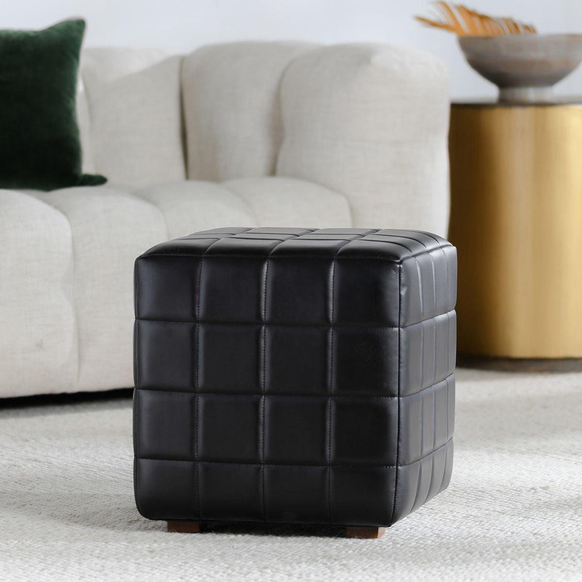 Jet Black Top Grain Leather Ottomans & Stool Carlo 18" Square Ottoman Collection