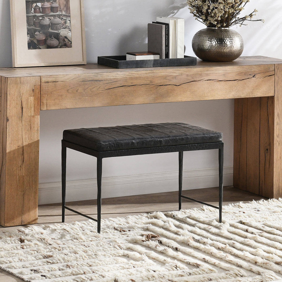 Onyx Black Top Grain Leather Accent Benche Malo Accent Bench Collection
