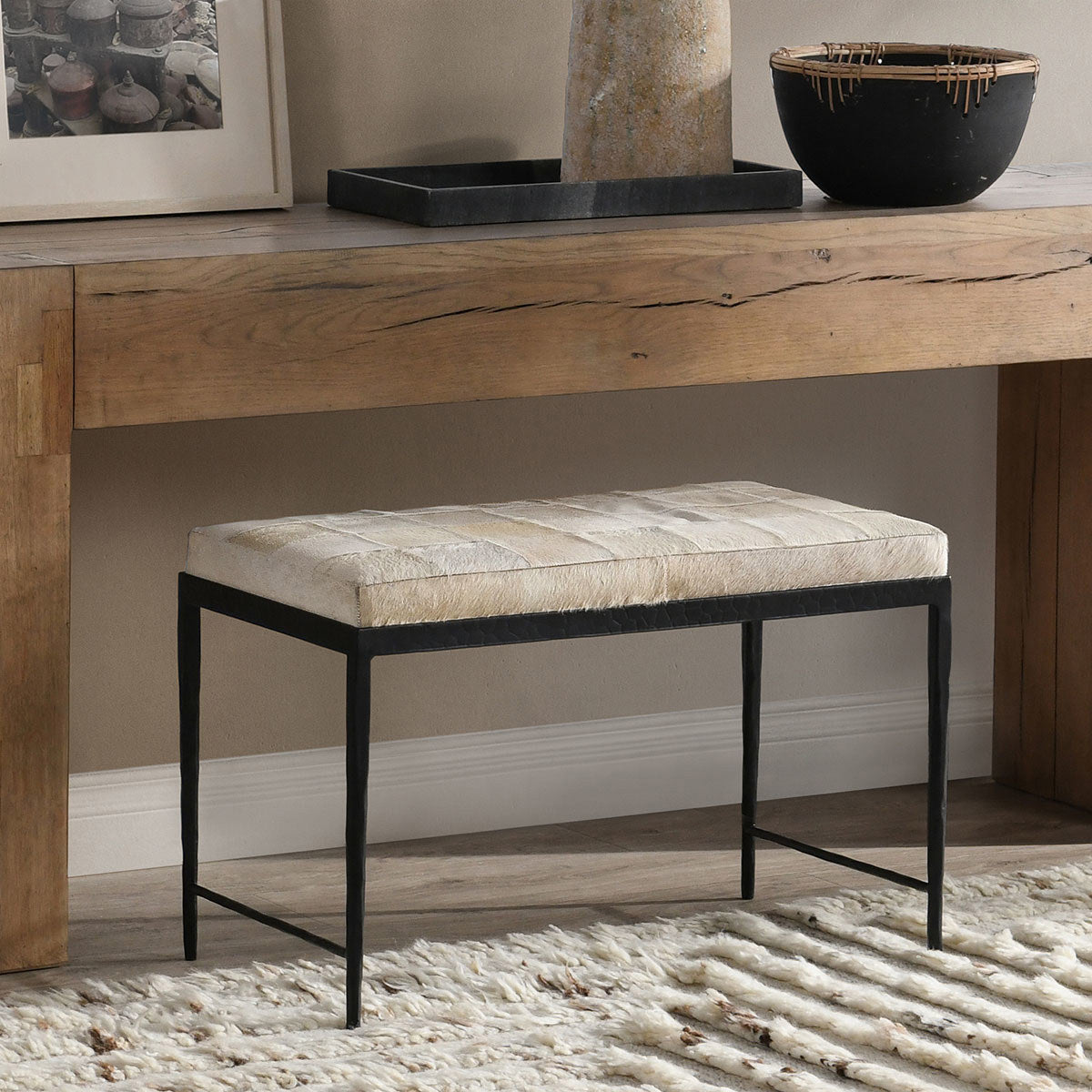 Dusty Cream Hair on Hide Accent Benche Achen Accent Bench Collection