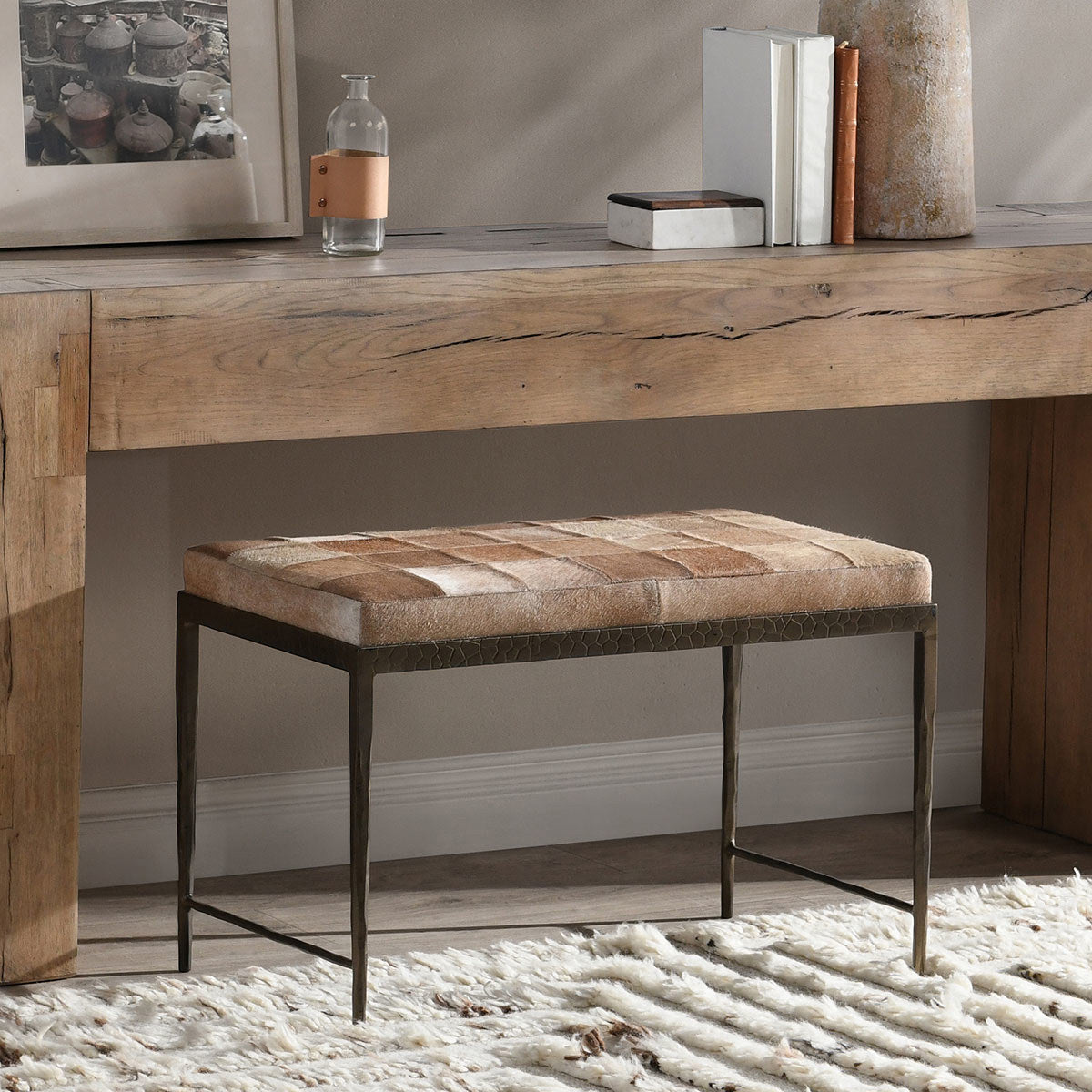 Canyon Sand Hair on Hide Accent Benche Achen Accent Bench Collection