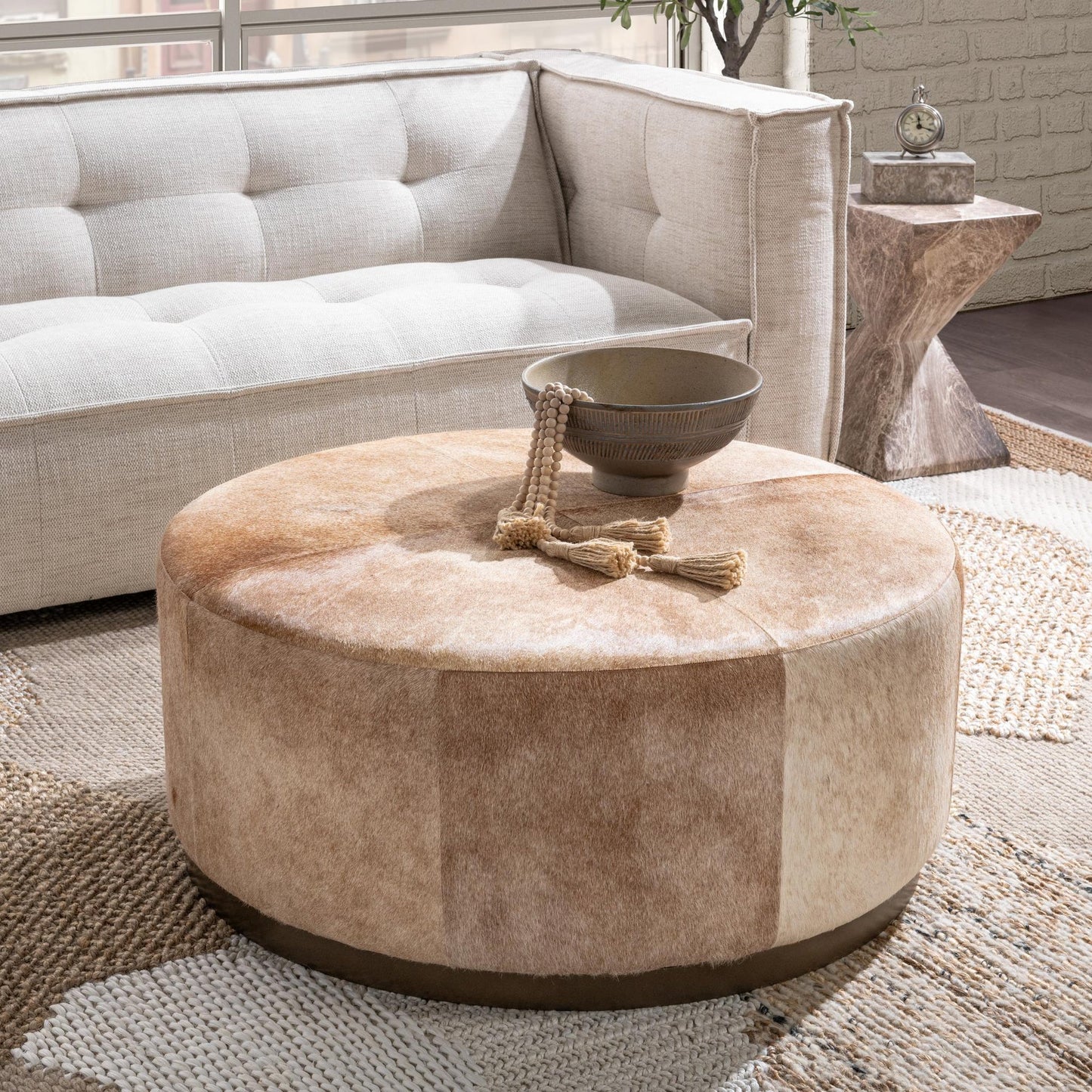Canyon Dust Hair on Hide Ottomans & Stool Andre Round Ottoman Collection