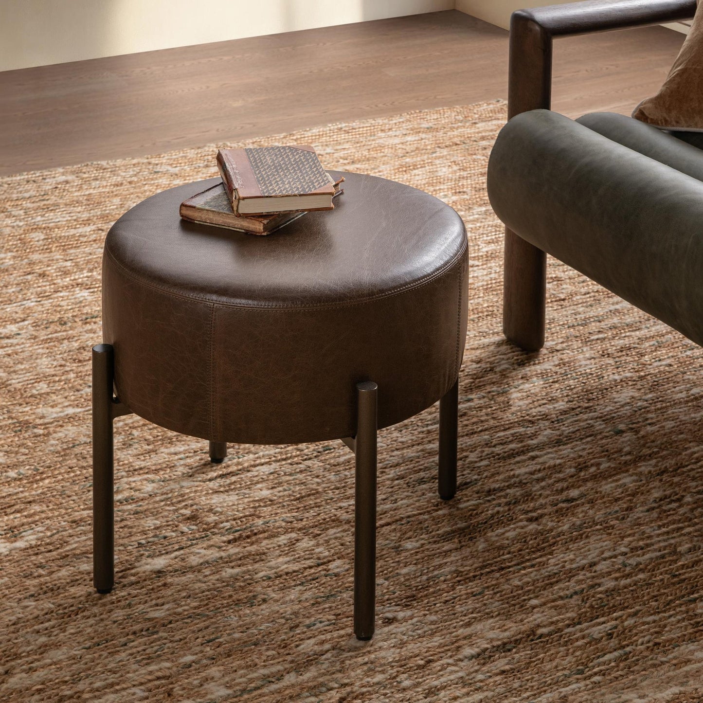 Cocoa Brown Top Grain Leather Ottomans & Stool Aimie Accent Stool Collection