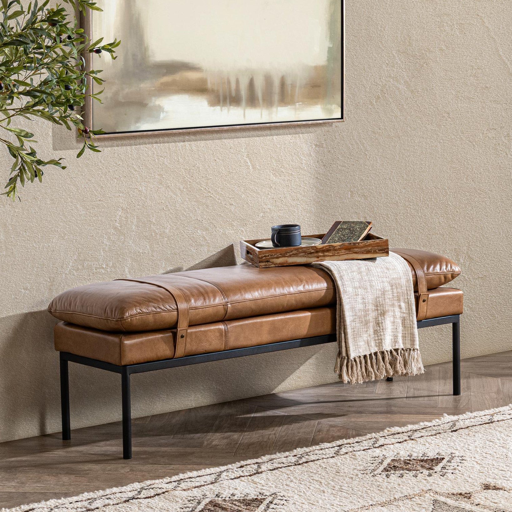 Tan Top Grain Leather Accent Benche Celiah Accent Bench Collection