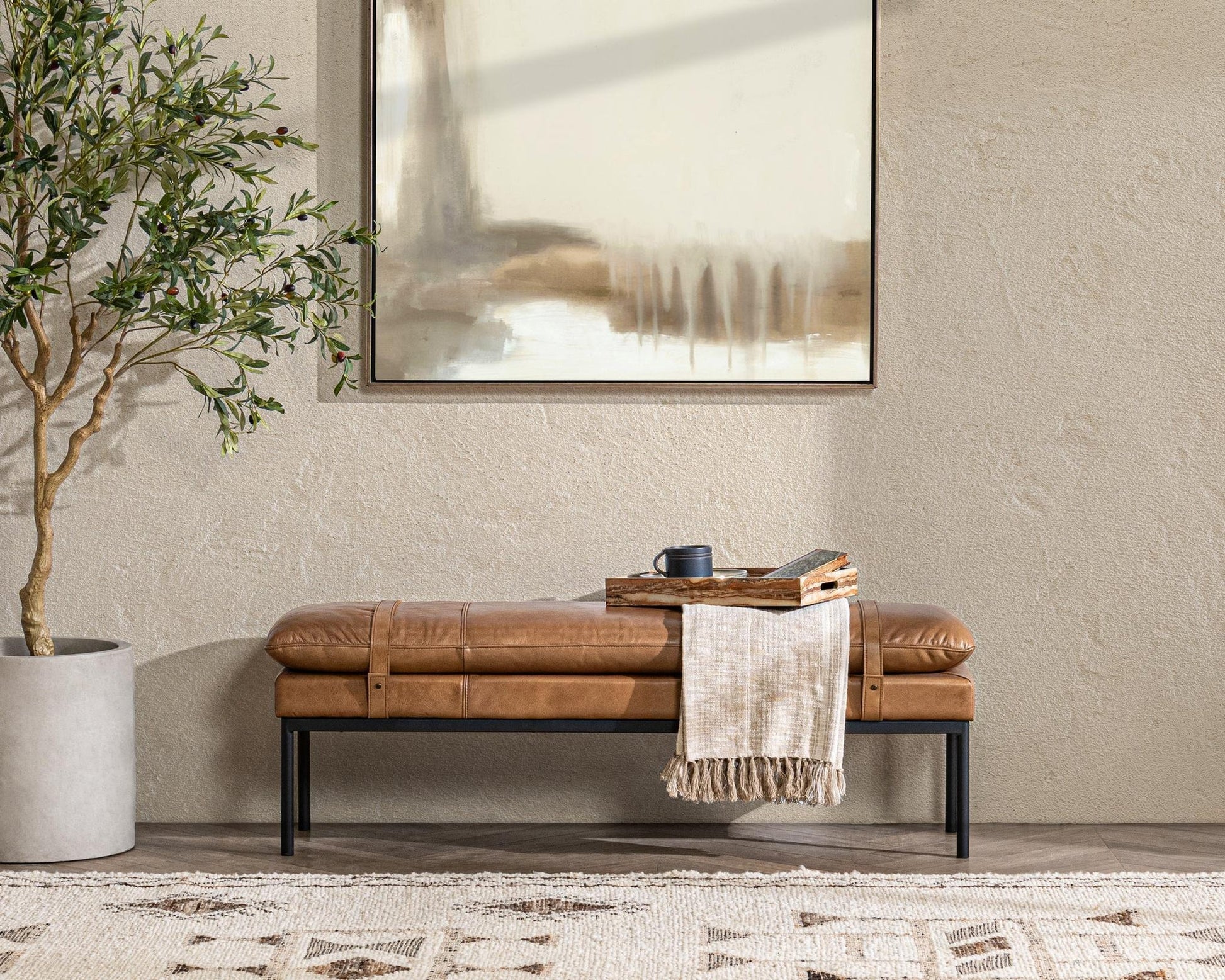 Tan Top Grain Leather Accent Benche Celiah Accent Bench Collection