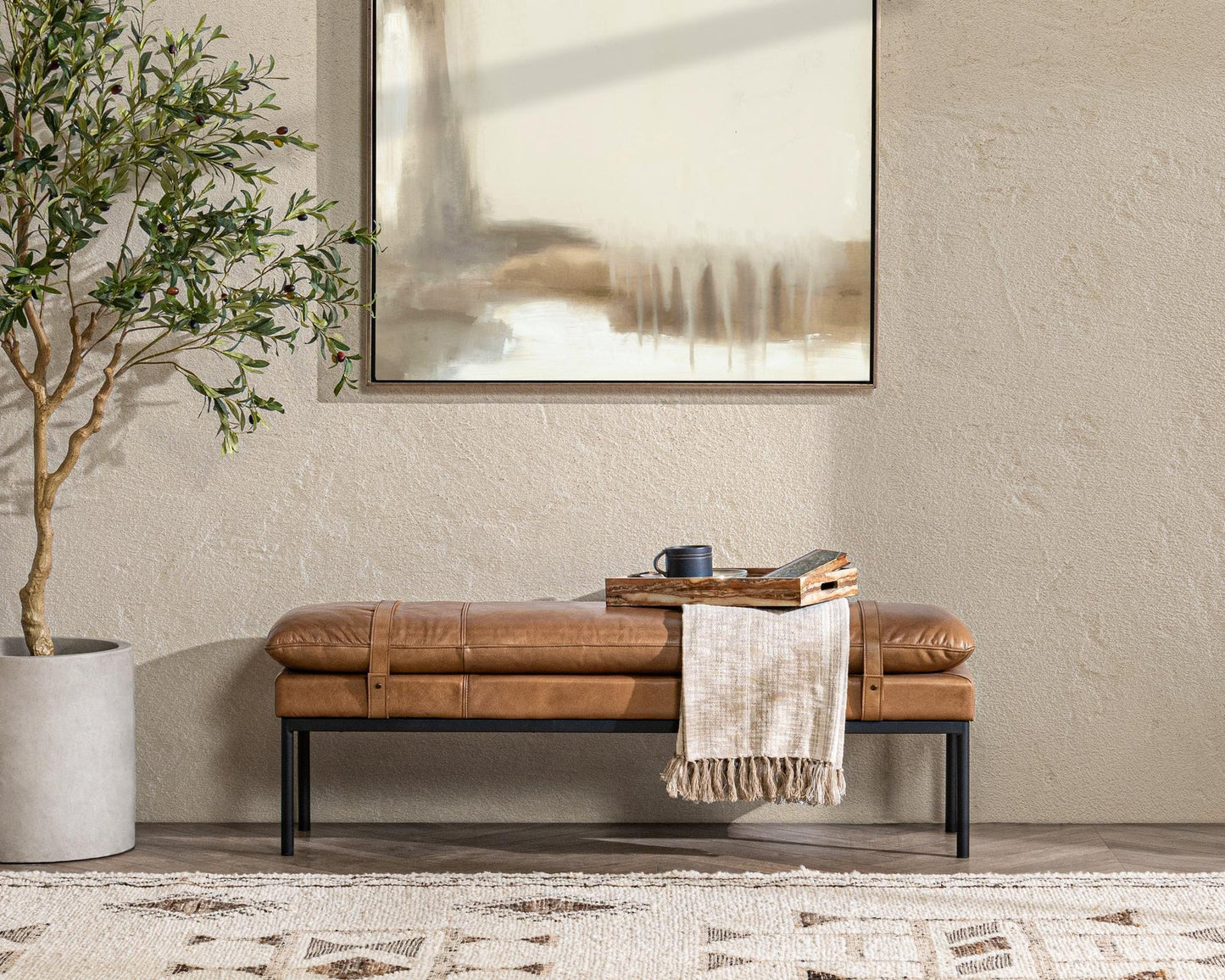 Tan Top Grain Leather Accent Benche Celiah Accent Bench Collection
