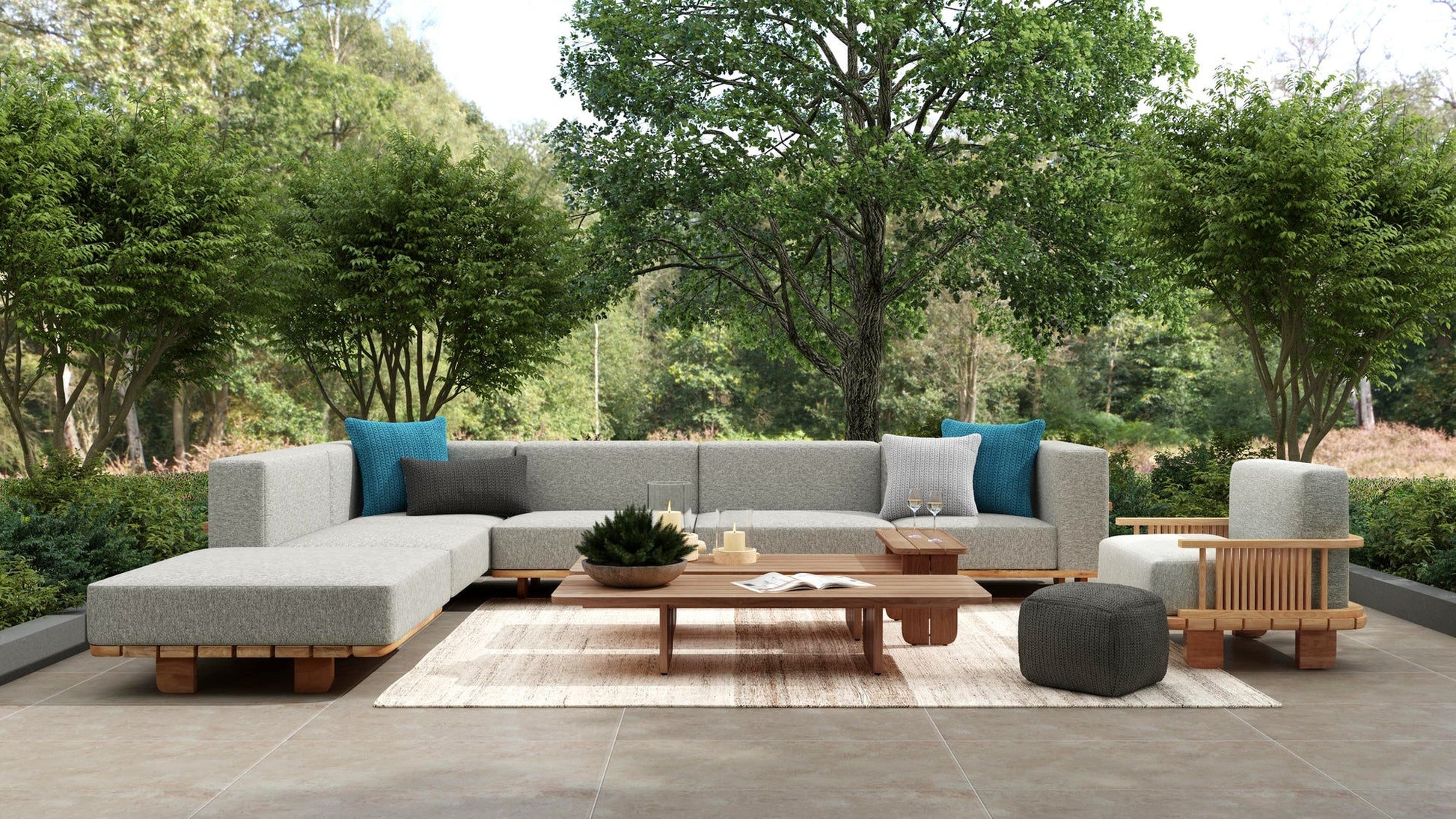 Natural/Gray Teak Wood Outdoor Sofas & Sectional Hudson Outdoor 6 Piece Sectional Collection