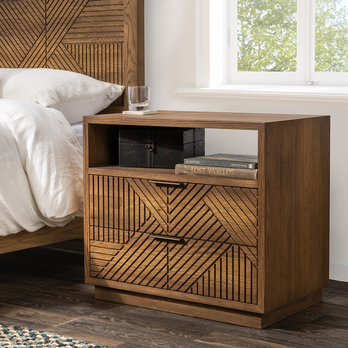 Caramel Brown Oak Veneer Nightstand Santa Clara Two-Drawer Nightstand Collection