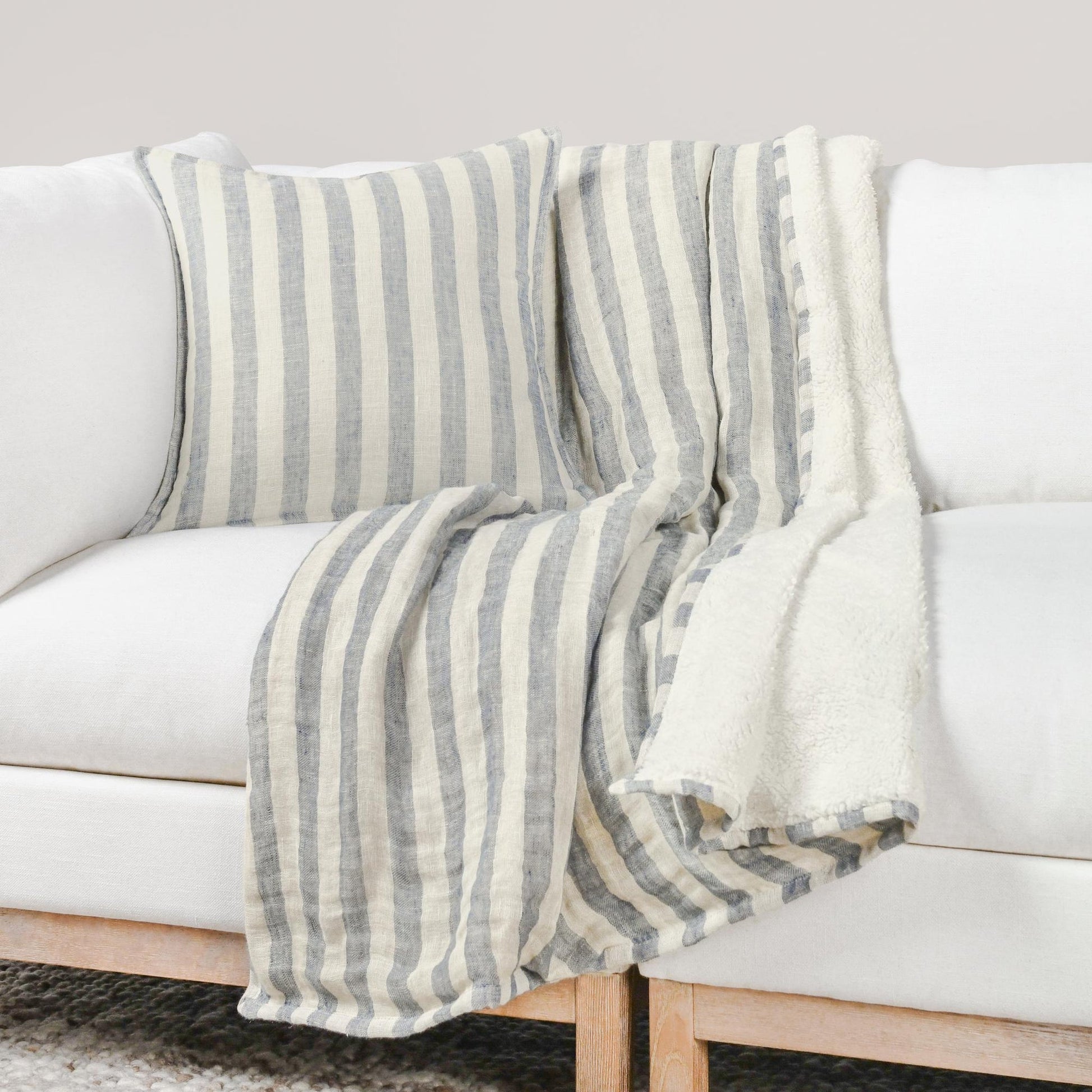 Ivory/Blue 100% Linen Blankets & Throw TC Cyprus 50x70 Throw Collection