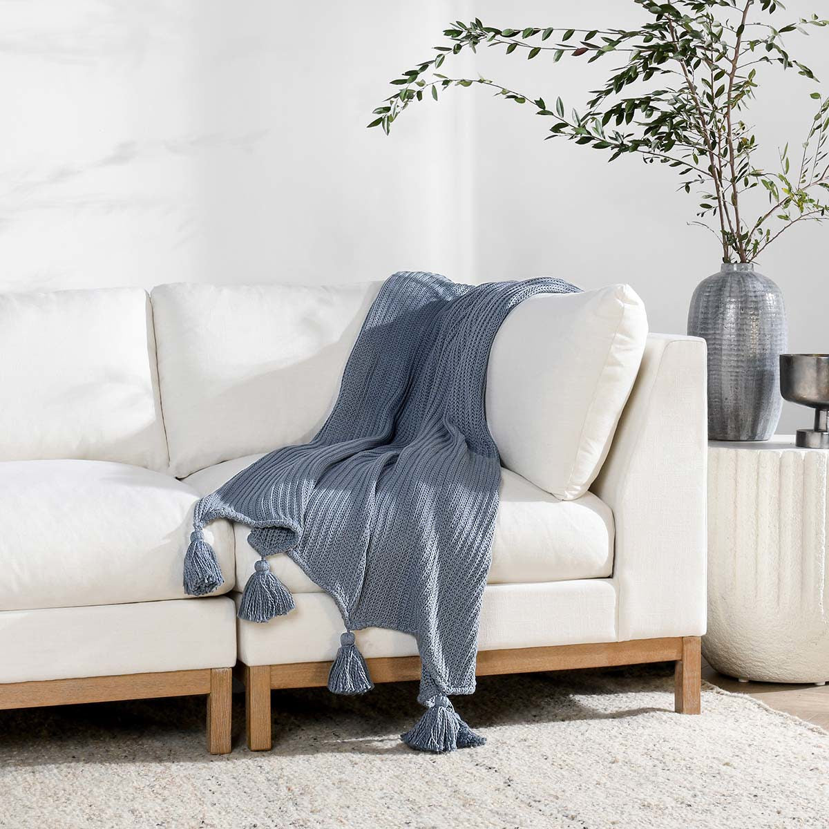 Sea Fog Blue 100% Cotton Blankets & Throw TC Veda 50x70 Throw Collection