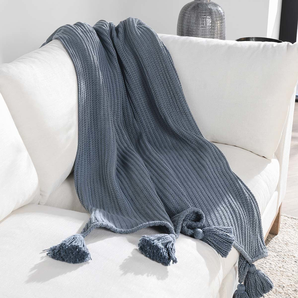 Sea Fog Blue 100% Cotton Blankets & Throw TC Veda 50x70 Throw Collection