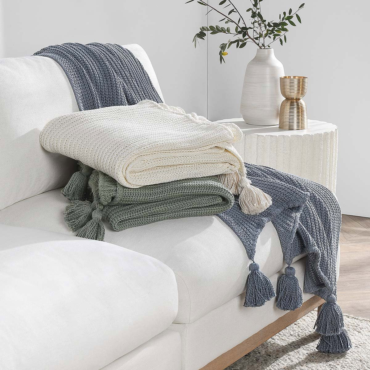 Sea Fog Blue 100% Cotton Blankets & Throw TC Veda 50x70 Throw Collection