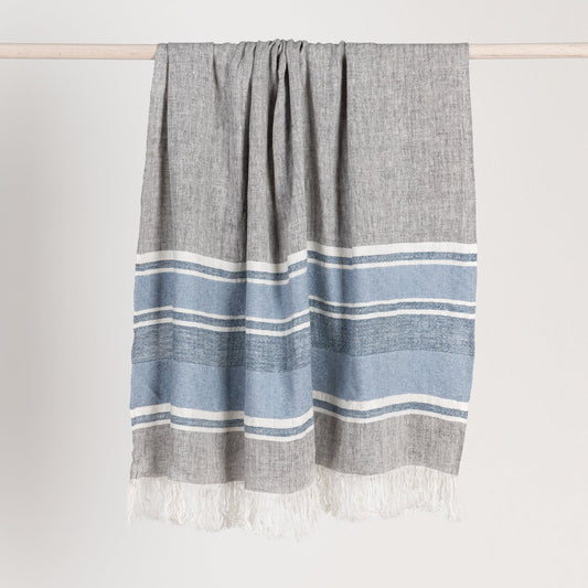 Capri Blue/Dark Gray 100% Belgian Flax Linen Blankets & Throw TC Lima Throw 50X70 Collection