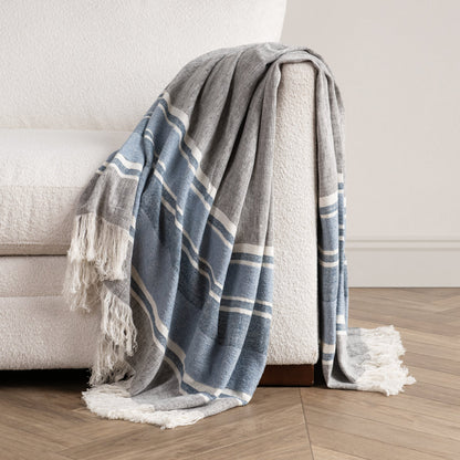 Capri Blue/Dark Gray 100% Belgian Flax Linen Blankets & Throw TC Lima Throw 50X70 Collection