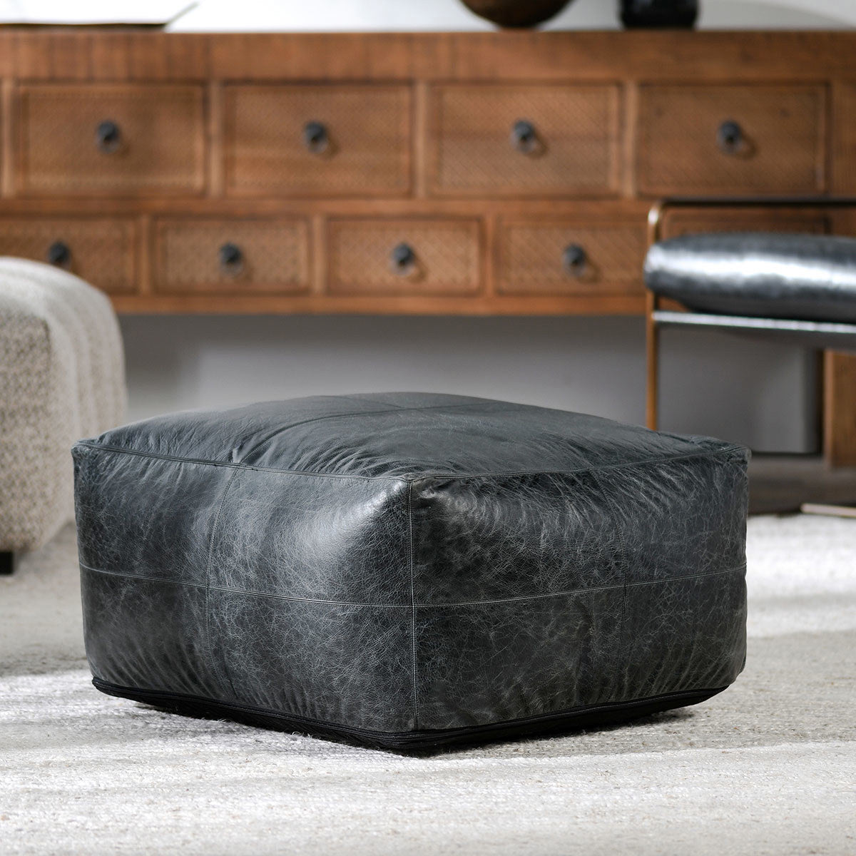 Onyx 100% Genuine Leather Solid Leather Pouf Collection