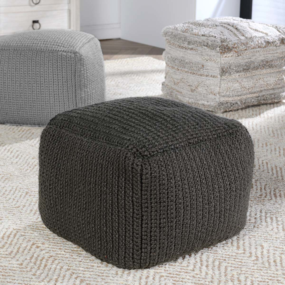 Dark Gray 100% Polyester Performance Indoor/Outdoor Performance Prism Pouf Collection