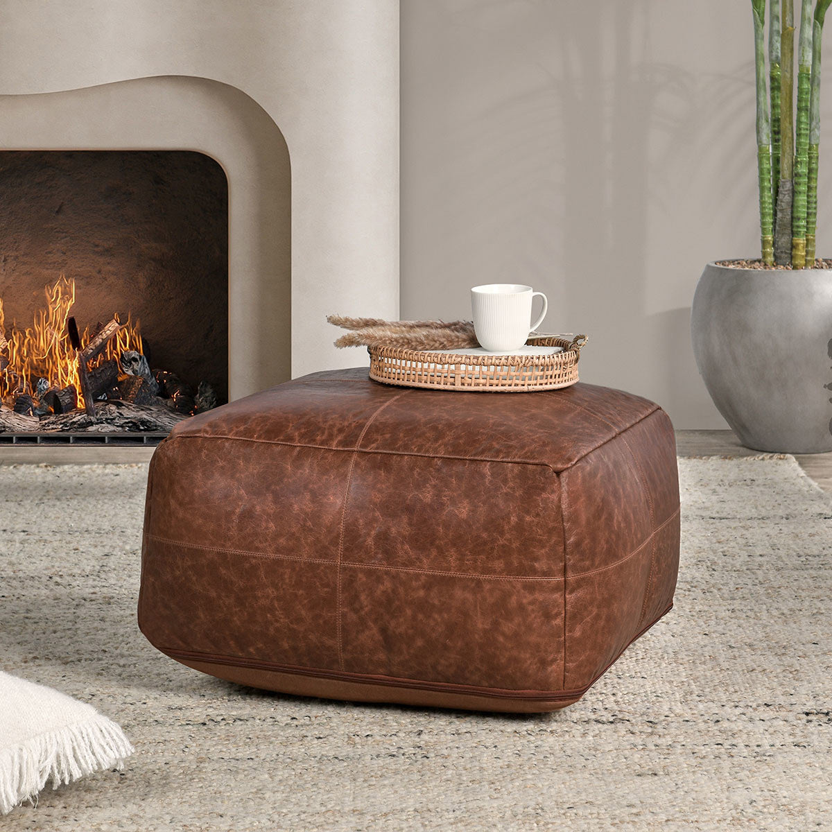 Kona Brown 100% Leather Solid Leather Pouf Collection