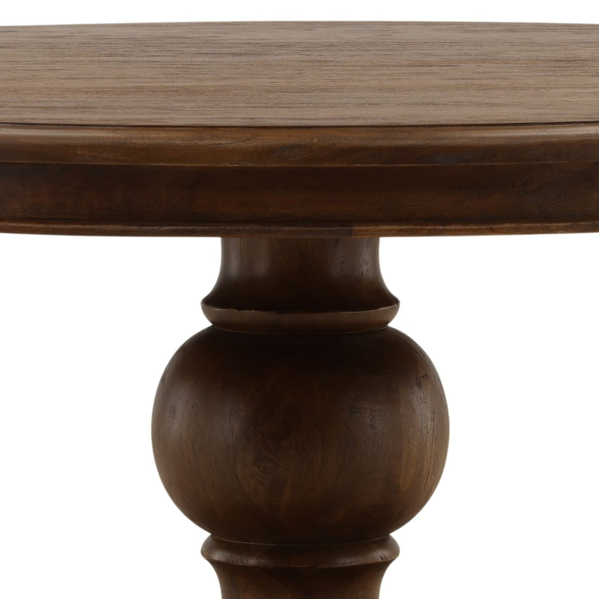 Foxlea mango wood dining table corner detail with brown finish close-up