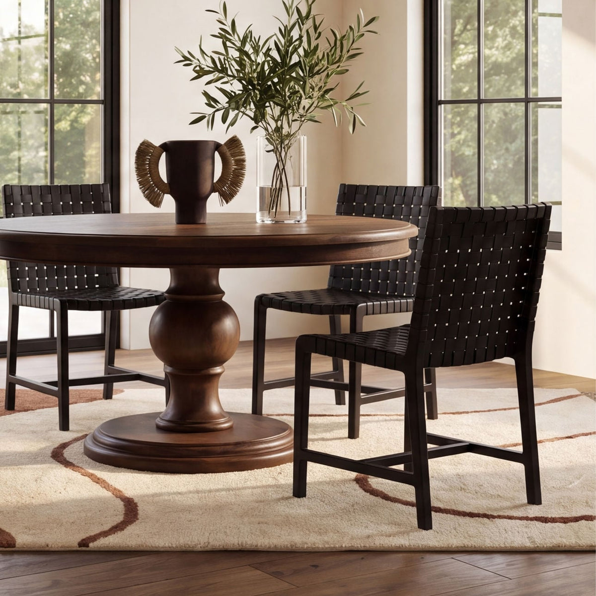 Foxlea dining table full room view showing scale and brown wood finish