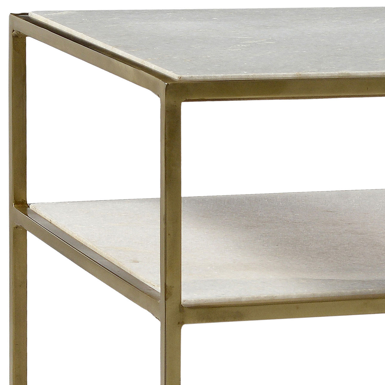 Brass Finish and Natural Marble Polished Marble Top and Wrought Iron Frame Table 22 in Wide