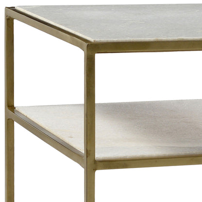 Brass Finish and Natural Marble Polished Marble Top and Wrought Iron Frame Table 22 in Wide
