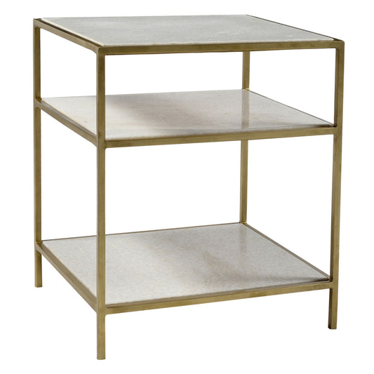 Brass Finish and Natural Marble Polished Marble Top and Wrought Iron Frame Table 22 in Wide