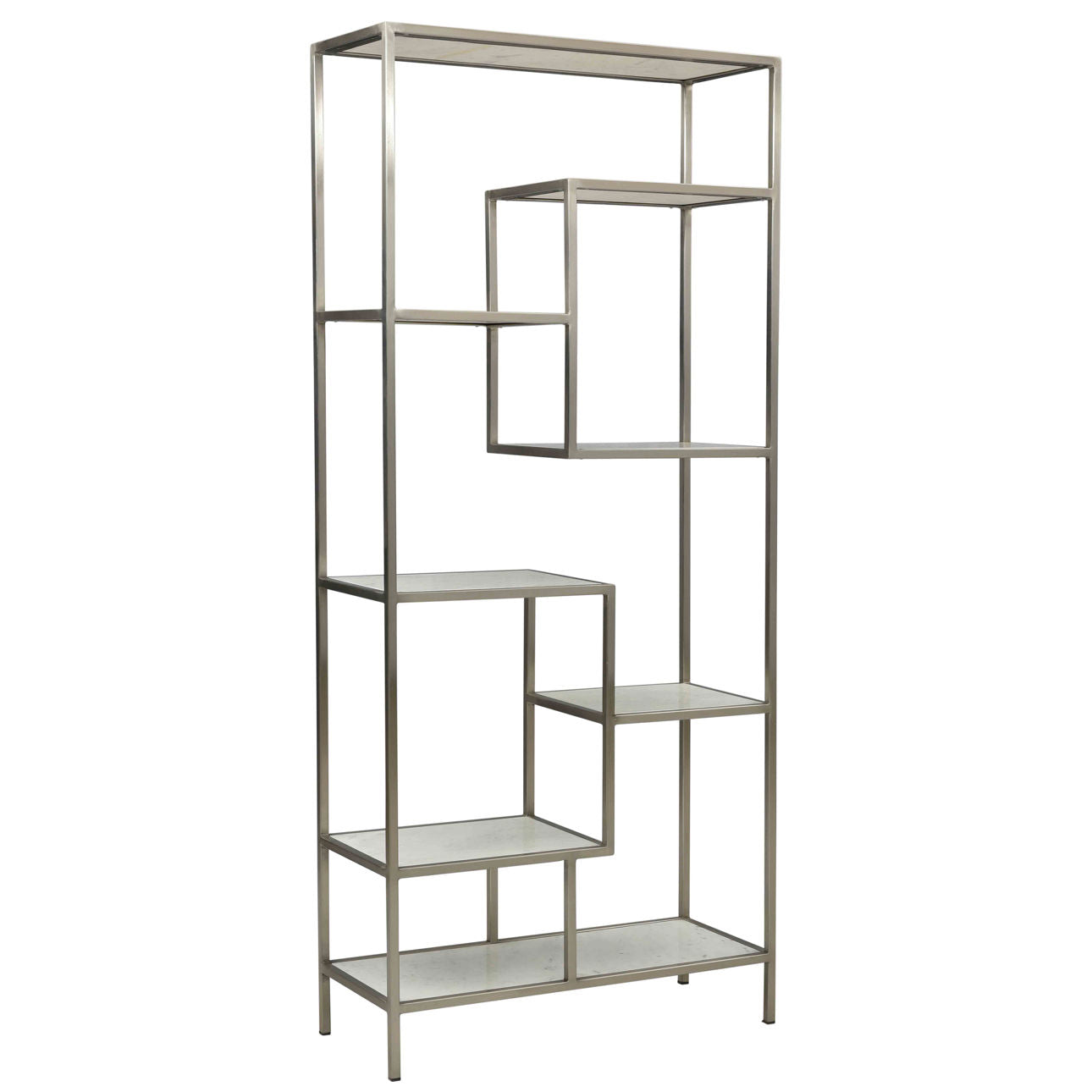 Antique Nickel Finish and Natural White Marble Marble and Iron Frame Bookcase 36 in Wide