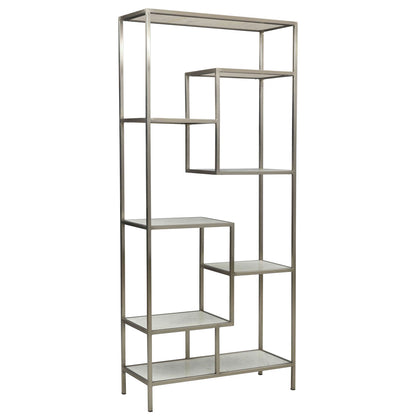 Antique Nickel Finish and Natural White Marble Marble and Iron Frame Bookcase 36 in Wide