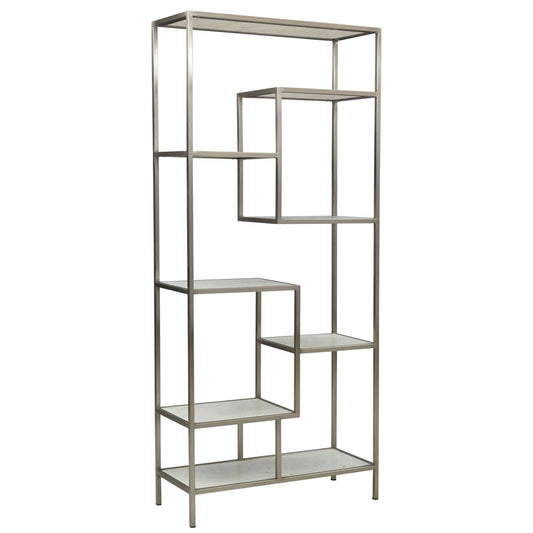 Antique Nickel Finish and Natural White Marble Marble and Iron Frame Bookcase 36 in Wide