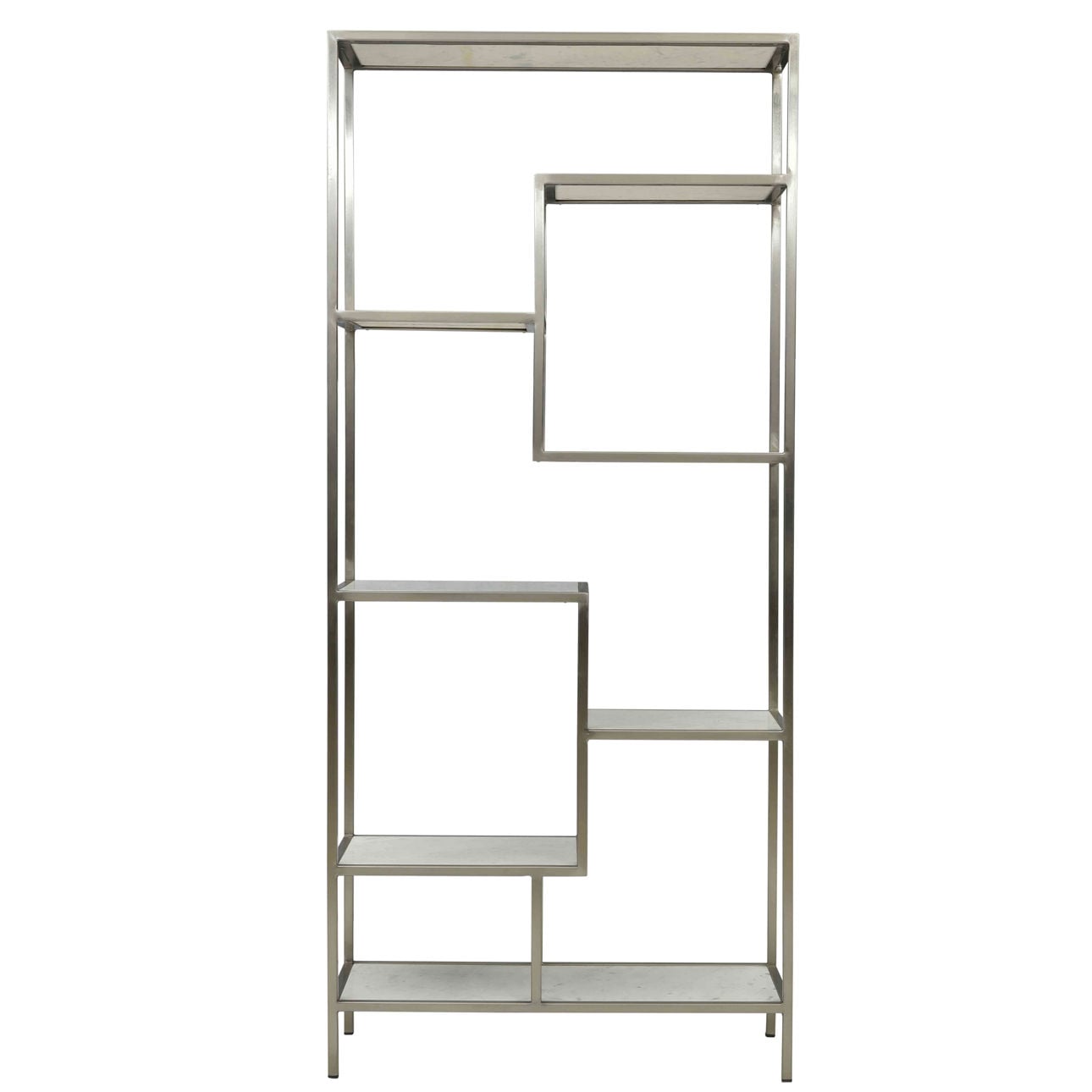 Antique Nickel Finish and Natural White Marble Marble and Iron Frame Bookcase 36 in Wide