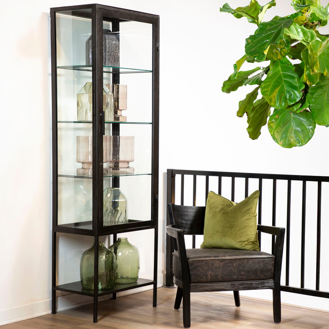 Antique Gunmetal Finish Iron Frame and Glass Doors Cabinet 24 in Wide