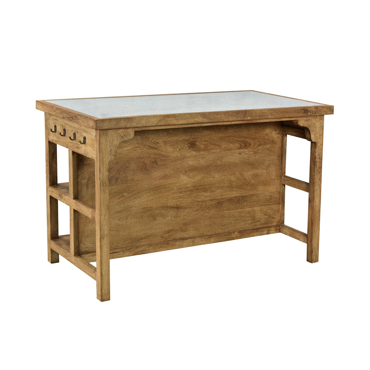 Medium Brown Natural Wood Finish and White Stone Top Rajnagar Stone Top and Mango Wood Island 58 in Wide