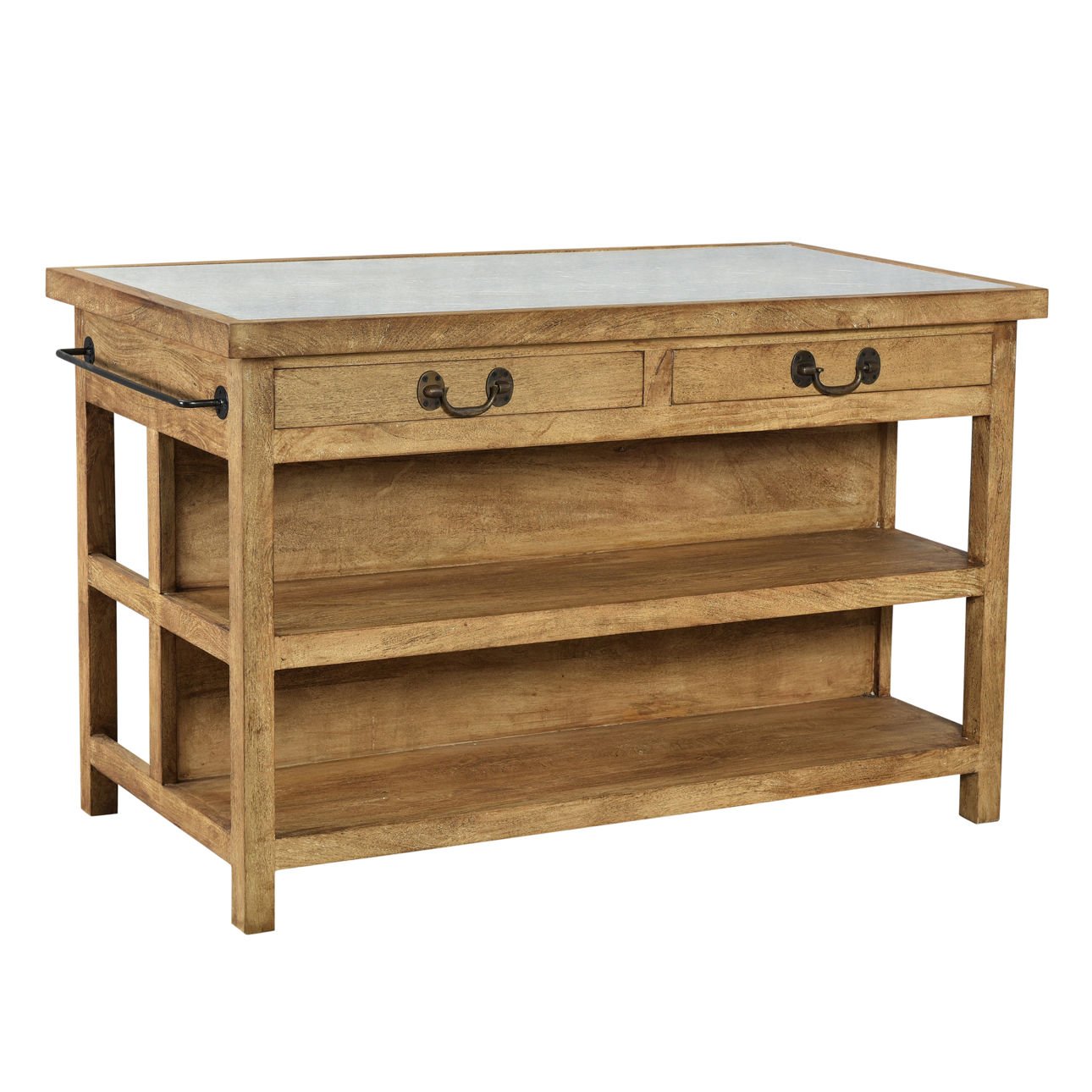 Medium Brown Natural Wood Finish and White Stone Top Rajnagar Stone Top and Mango Wood Island 58 in Wide