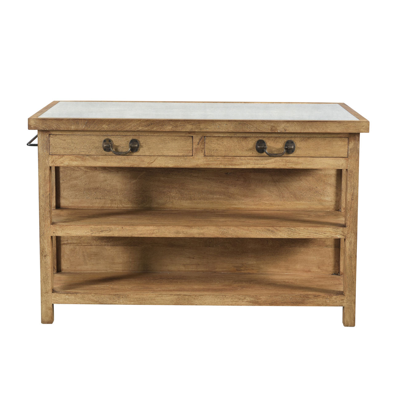 Medium Brown Natural Wood Finish and White Stone Top Rajnagar Stone Top and Mango Wood Island 58 in Wide
