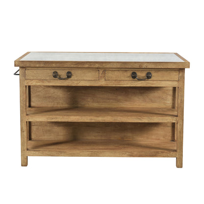 Medium Brown Natural Wood Finish and White Stone Top Rajnagar Stone Top and Mango Wood Island 58 in Wide