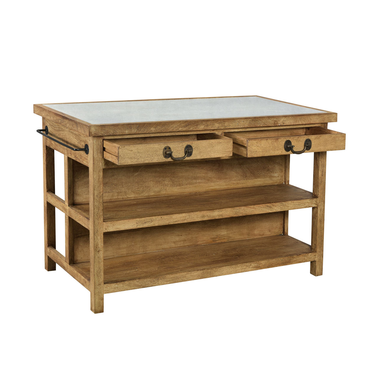Medium Brown Natural Wood Finish and White Stone Top Rajnagar Stone Top and Mango Wood Island 58 in Wide